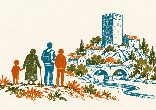 Illustration : quatre générations près d'une tour et d'une rivière.