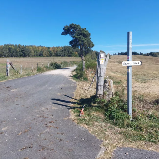 Panneau indicateur d'Espouzolles et balisage de randonnée